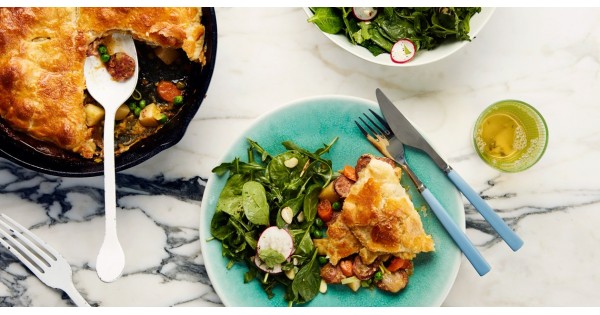 Potato, Leek, and Pea Pot Pie with Spinach-Arugula Salad
